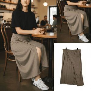 Vince Lyocell Pull On Faux Wrap Skirt‎ Draped Front Slit Marled Khaki Size Large